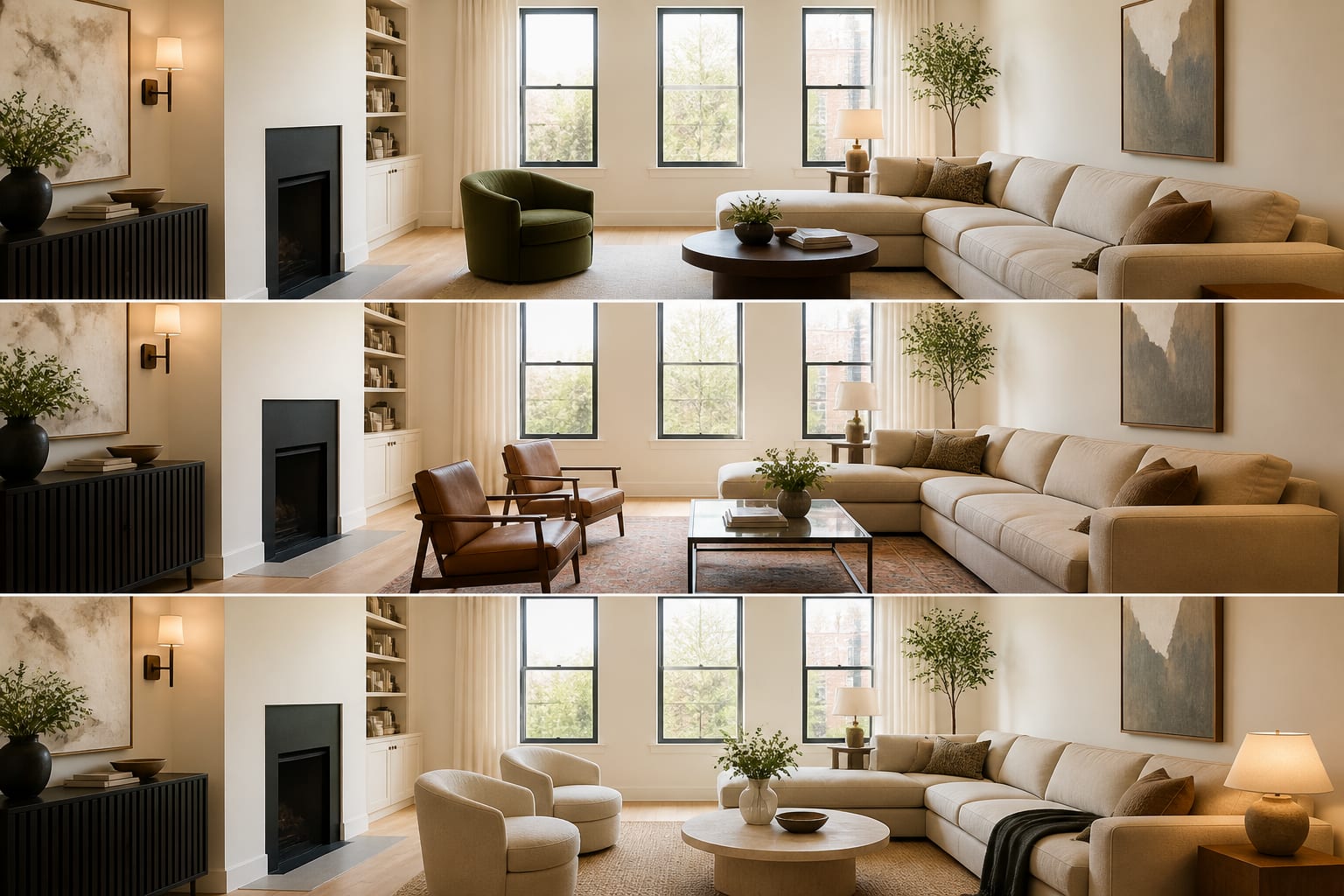 AI room redesign preview showing three layout variations for the same apartment living room with fixed sofa and windows
