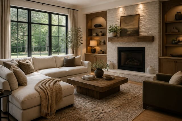 living room photo being prepared for an AI redesign prompt with visible windows, sofa, rug, and fixed fireplace wall