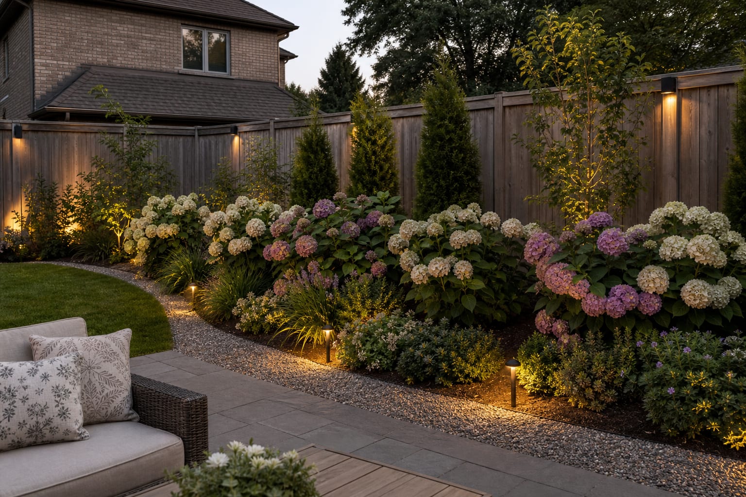 Hydrangea garden border from the same angle with massed white and blue shrubs, low green edging, dark evergreen backdrop, mulch, and a defined gravel path.