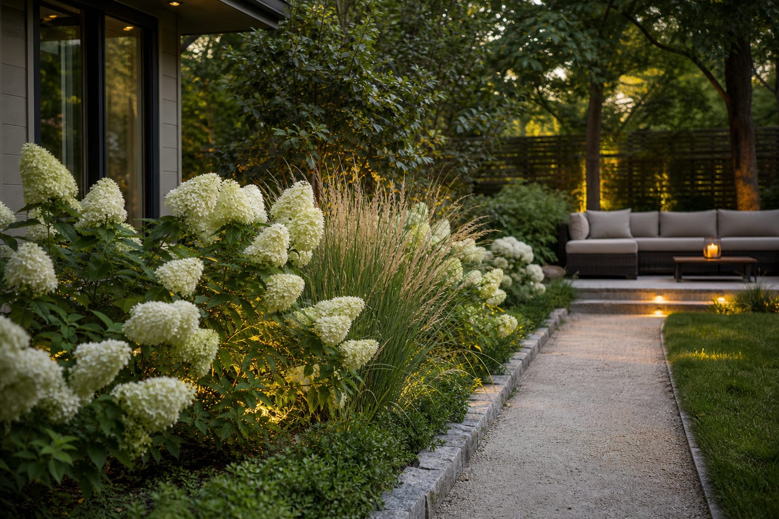 hydrangea border design with panicle hydrangeas, ornamental grasses, stone edging, and a 900mm garden path