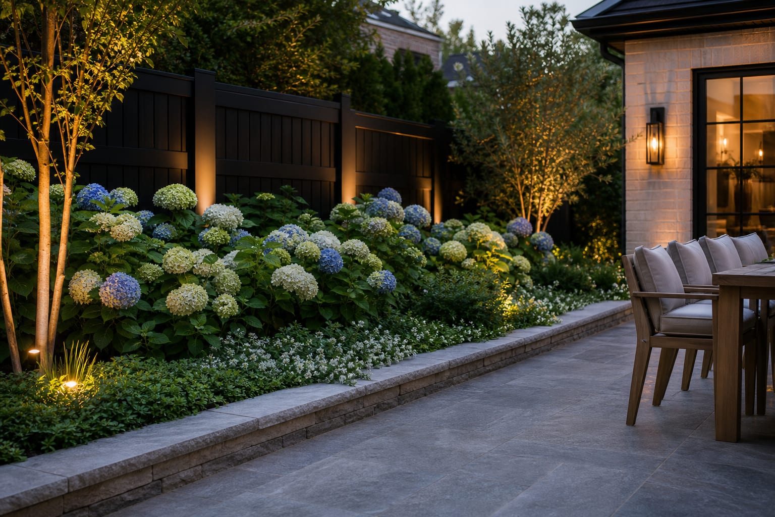 AI preview style image of a hydrangea mass planting with dark fence, low ground cover, and defined stone edging