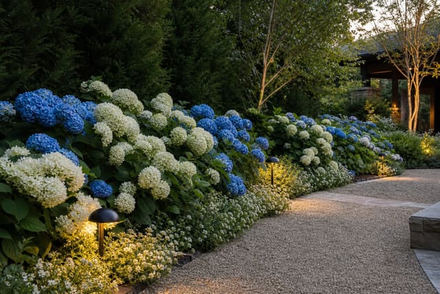 layered hydrangea garden border with repeated blue and white shrubs, low ground cover, gravel path, and dark evergreen backdrop