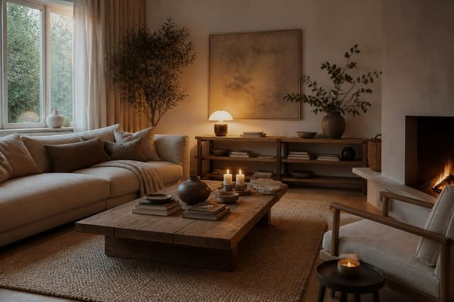 Editorial interior photograph showing hygge living room the danish art of coziness at home.