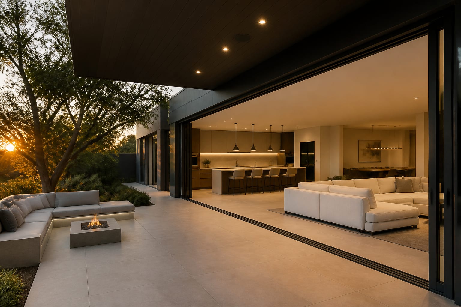 Wide bifold glass wall fully open to a covered outdoor lounge, continuous porcelain tile running from living room to patio