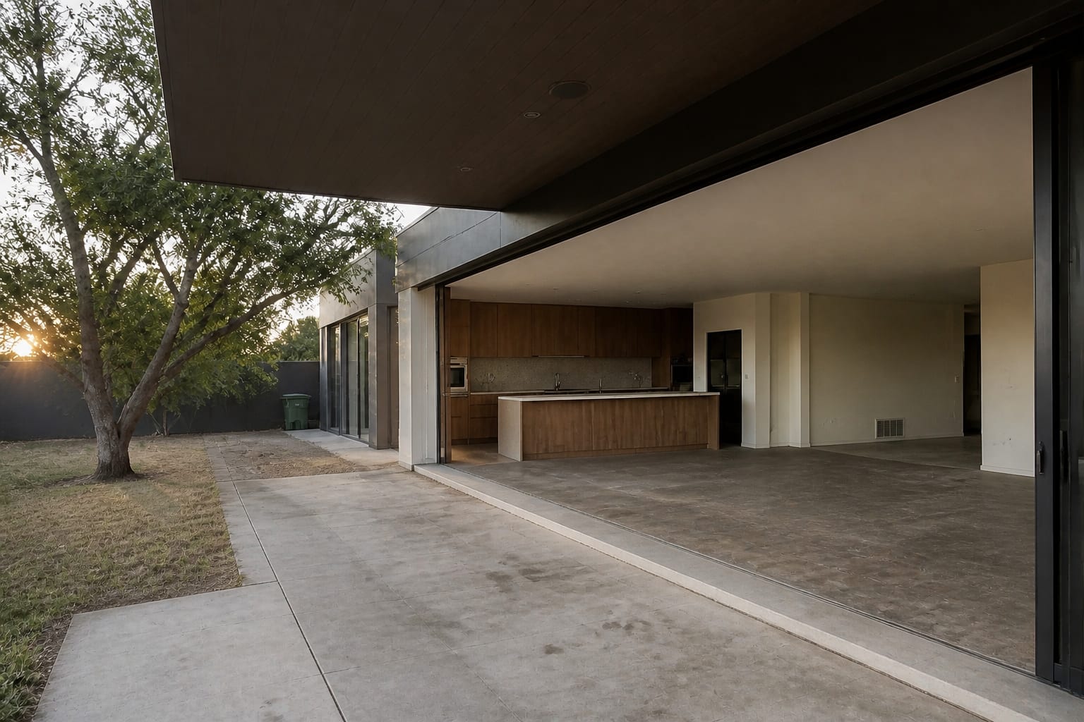 Plain patio door with a step down and mismatched flooring between living room and concrete patio