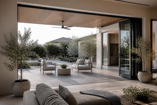 Open bifold glass wall connecting a contemporary living room to a covered patio with continuous porcelain pavers and matching outdoor lounge furniture