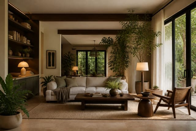 Editorial interior photograph showing indoor plant styling ideas: how to make greenery look intentional in a real whole home, with warm residential materials, layered lighting, functional furniture placement, and a magazine-quality composition.