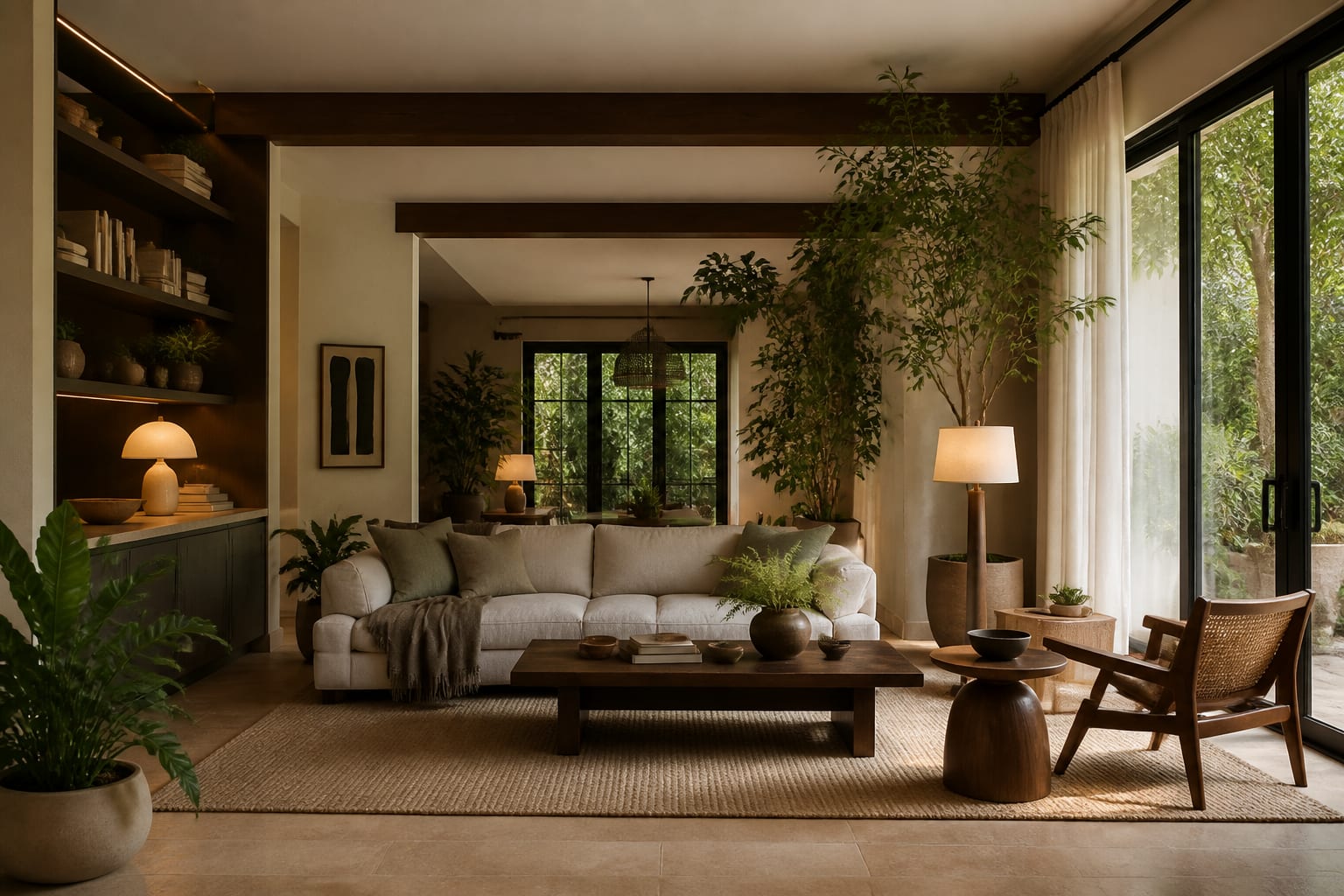 Editorial interior photograph showing indoor plant styling ideas: how to make greenery look intentional in a real whole home, with warm residential materials, layered lighting, functional furniture placement, and a magazine-quality composition.
