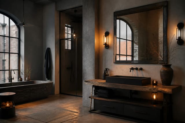 Editorial interior photograph showing an industrial bathroom with concrete, black metal fixtures, warm wood, aged mirror, and layered light.