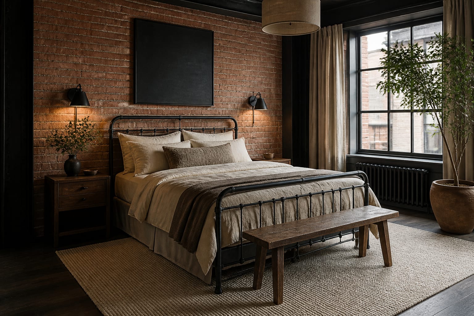 Industrial bedroom with exposed brick, black metal bed, warm linen bedding, wool rug, and shaded sconces