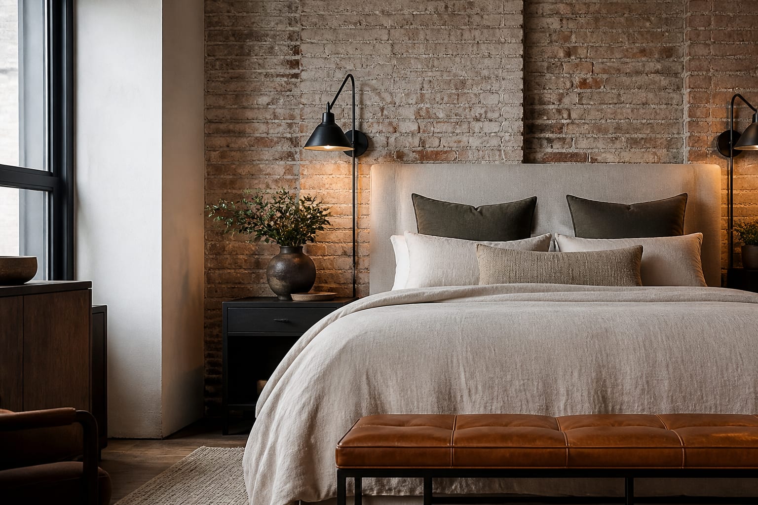 Industrial bedroom detail with linen duvet, cognac leather bench, black metal sconces, and brick wall texture