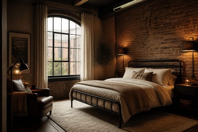 Industrial bedroom with exposed brick, black metal bed, warm linen bedding, wool rug, and shaded sconces
