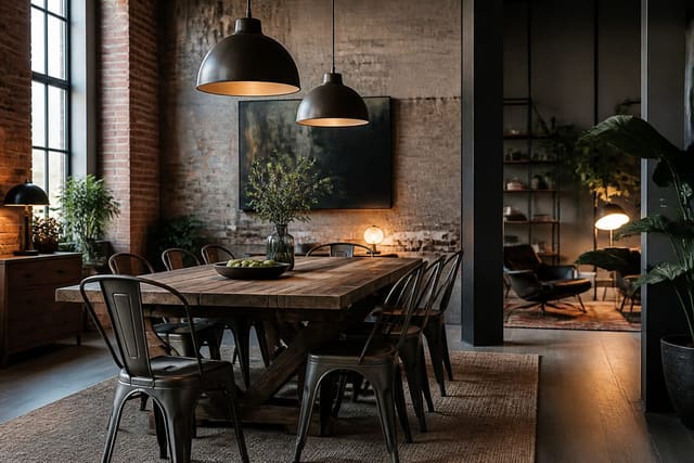 Editorial interior photograph showing an industrial dining room with metal chairs, reclaimed wood table, exposed texture, and warm pendant lighting.