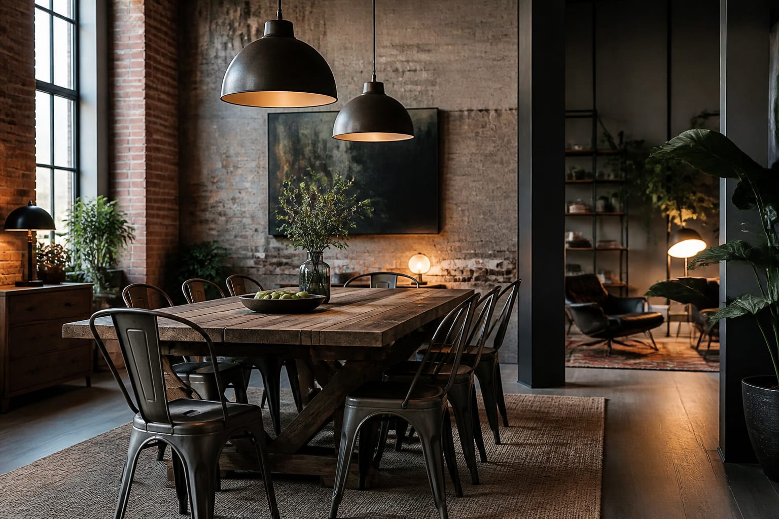 Editorial interior photograph showing an industrial dining room with metal chairs, reclaimed wood table, exposed texture, and warm pendant lighting.