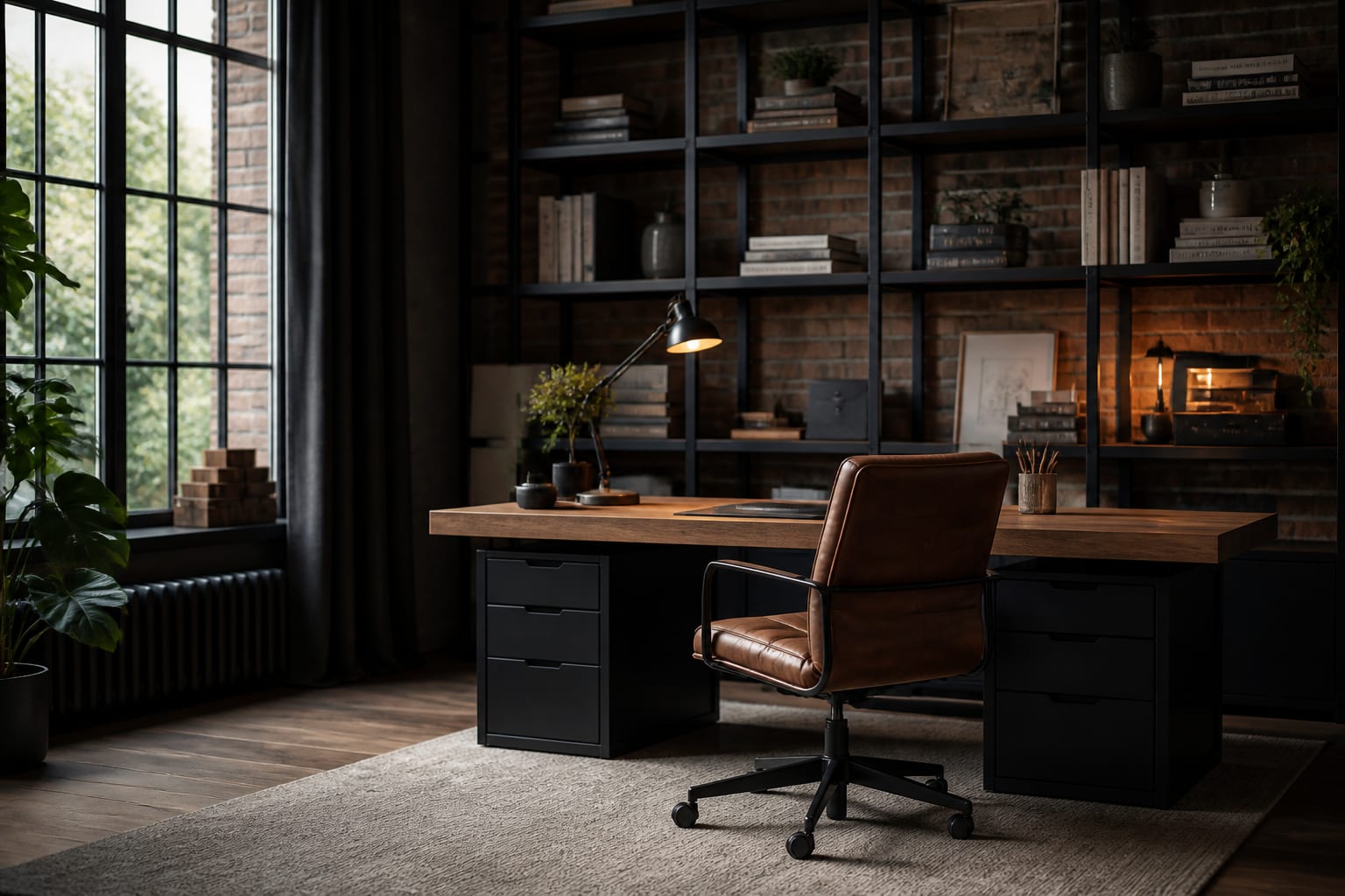 Moody industrial home office with black metal shelves, walnut desk, leather chair, brick texture, and warm task lighting