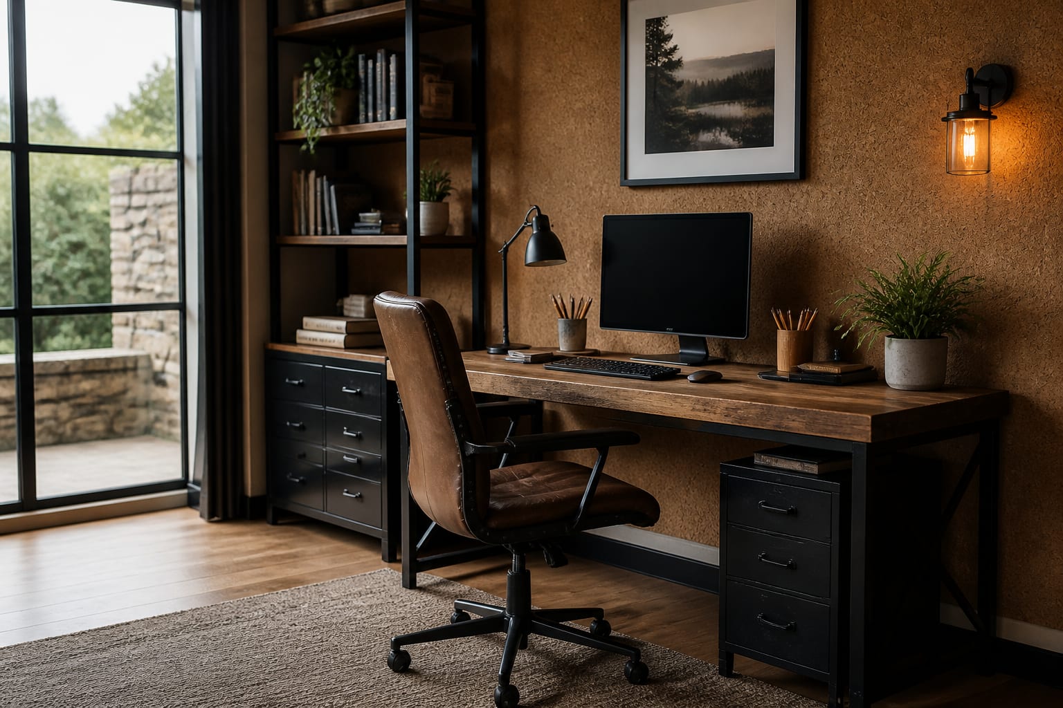 Industrial desk setup with black metal frame, thick wood top, cork wall panel, leather chair, and warm library sconce
