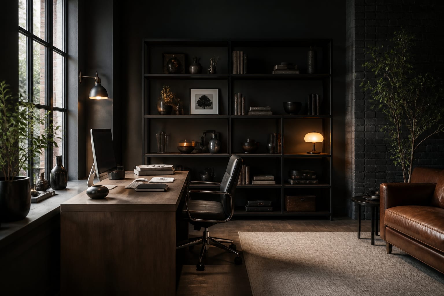 AI preview of an industrial home office comparing dark wall color, walnut desk placement, black shelving, and warmer task lighting
