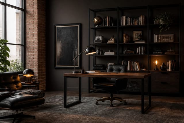 Moody industrial home office with black metal shelves, walnut desk, leather chair, brick texture, and warm task lighting