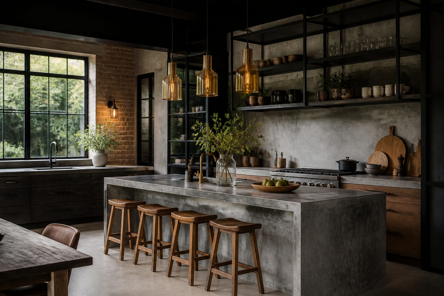 industrial kitchen with black steel shelving, concrete counters, warm wood stools, and amber pendant lighting over a working island