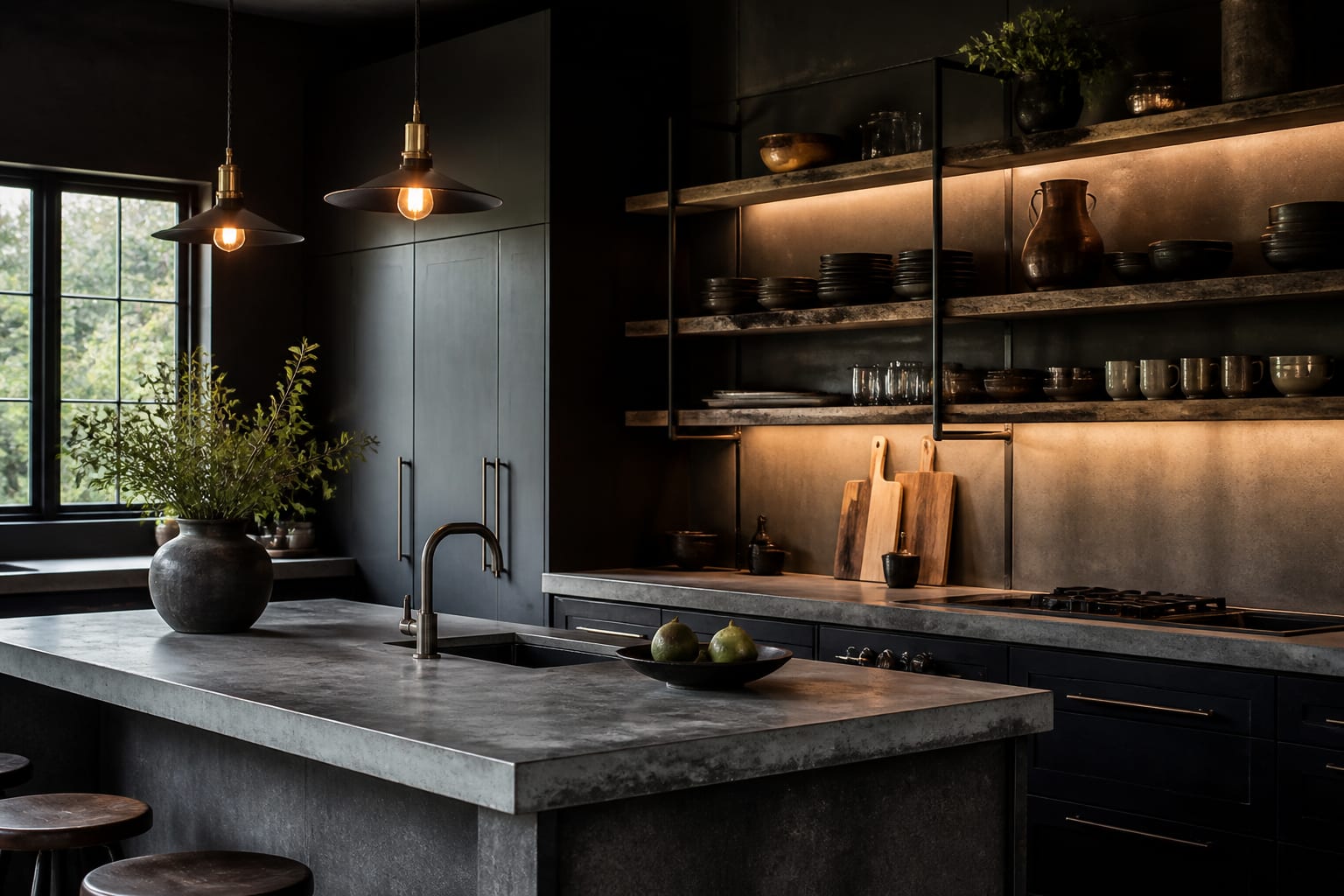 dark industrial kitchen with concrete island, wood shelving, black metal brackets, and warm under-shelf lighting