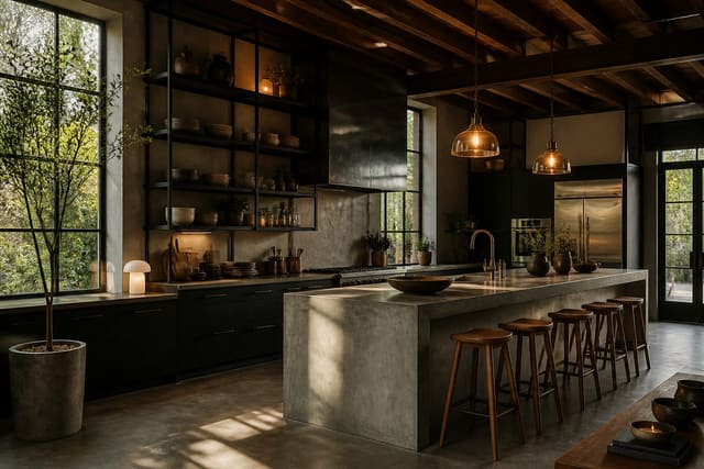 industrial kitchen with black steel shelving, concrete counters, warm wood stools, and amber pendant lighting over a working island