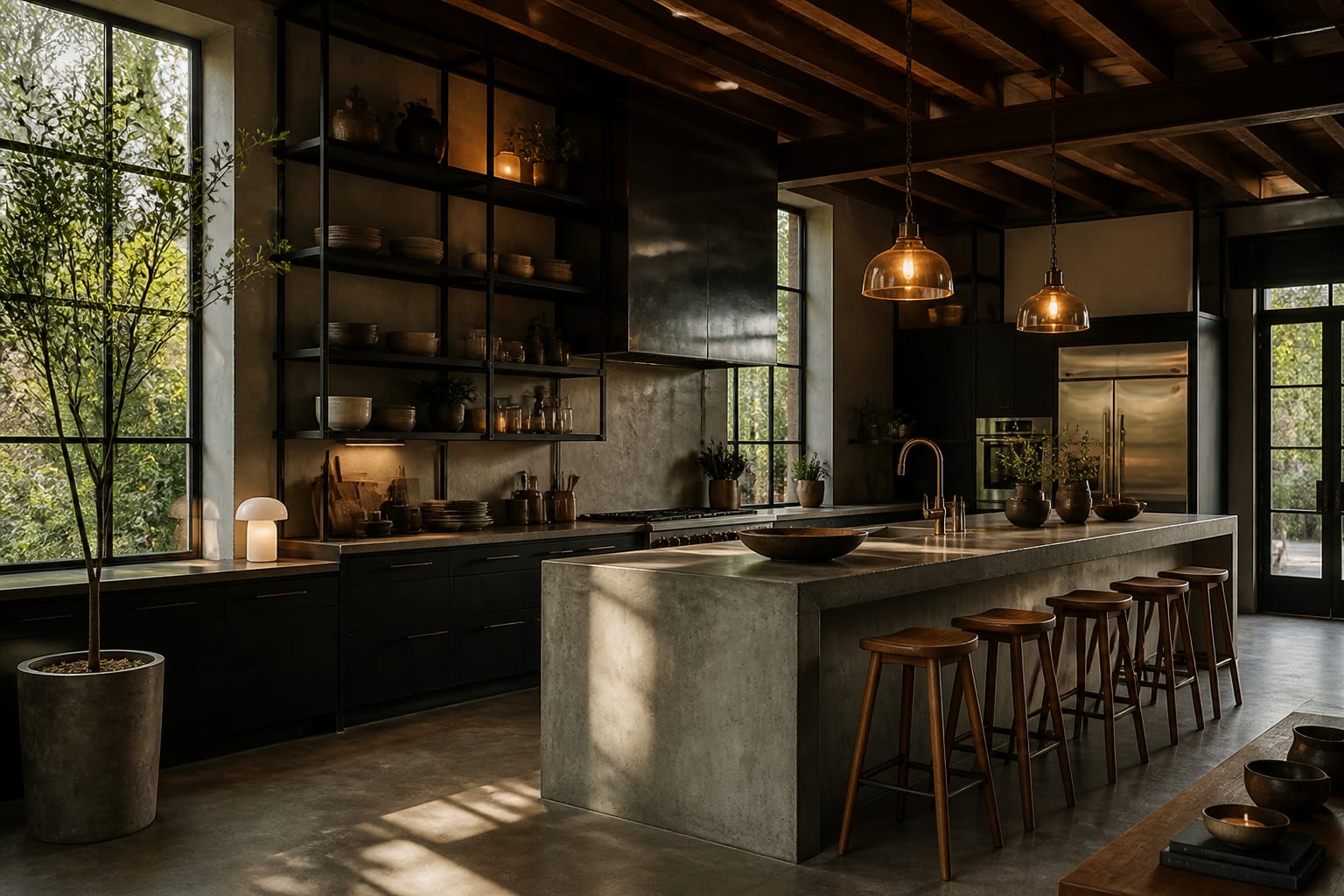 industrial kitchen with black steel shelving, concrete counters, warm wood stools, and amber pendant lighting over a working island