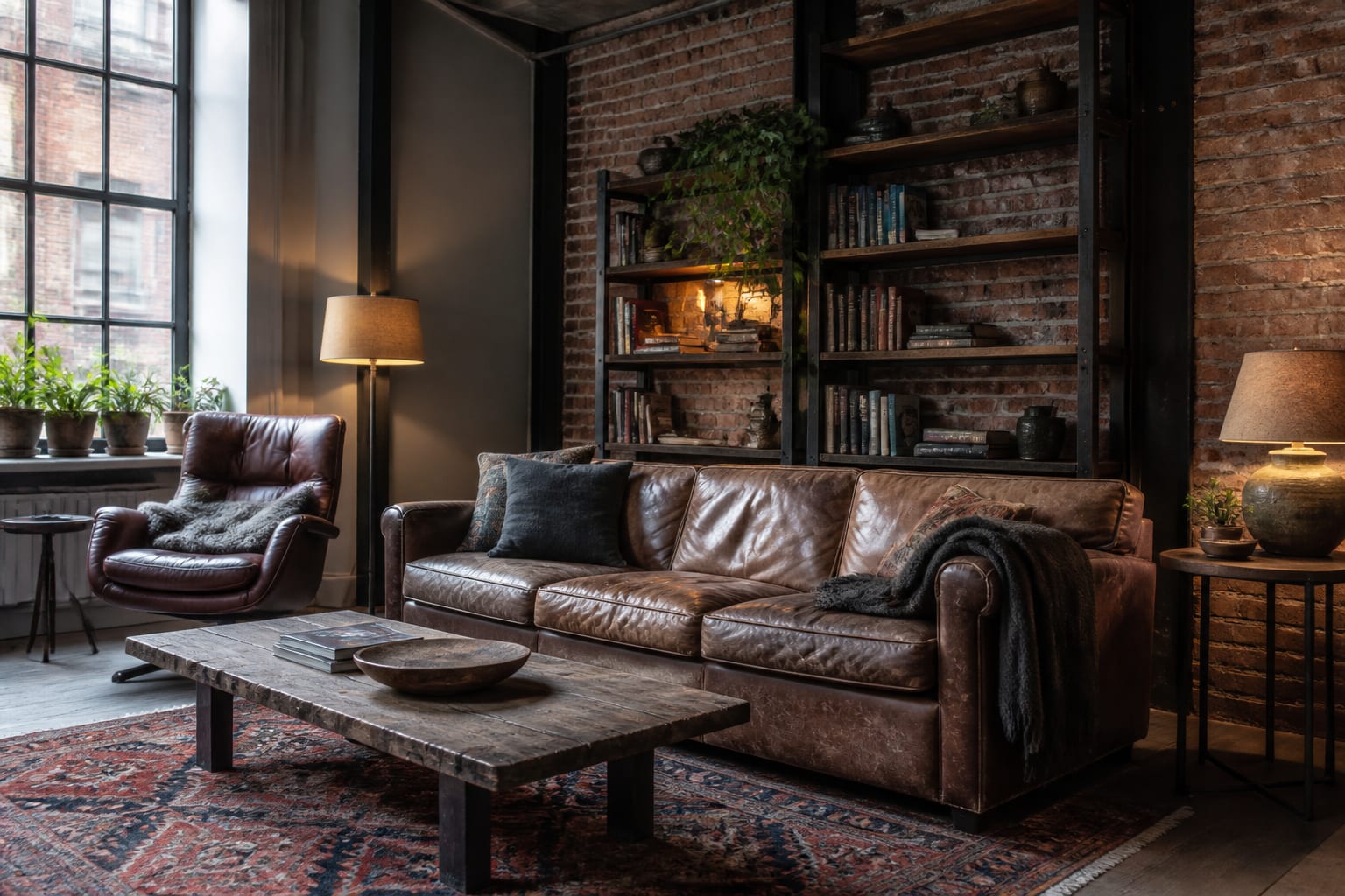 industrial living room with exposed brick, black steel shelving, worn leather sofa, warm lamps, and layered wool rug