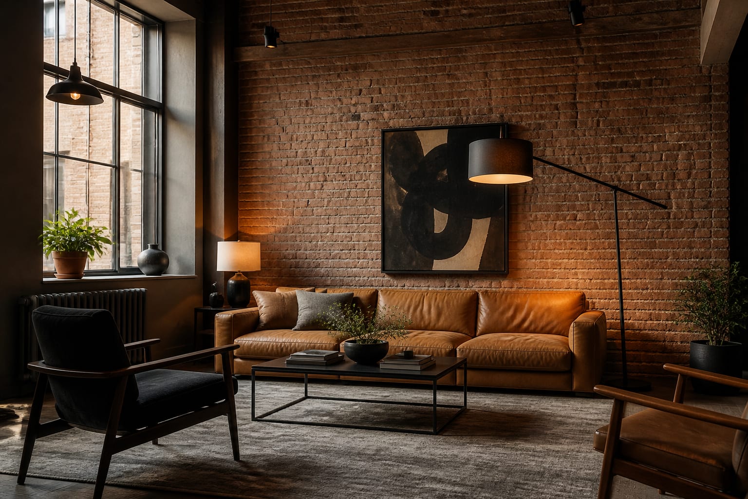 loft style living room with warm brick wall, cognac sofa, black steel coffee table, and layered lamps