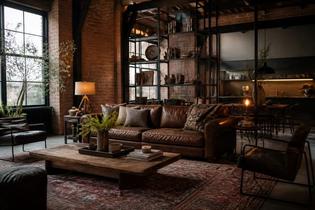 industrial living room with exposed brick, black steel shelving, worn leather sofa, warm lamps, and layered wool rug