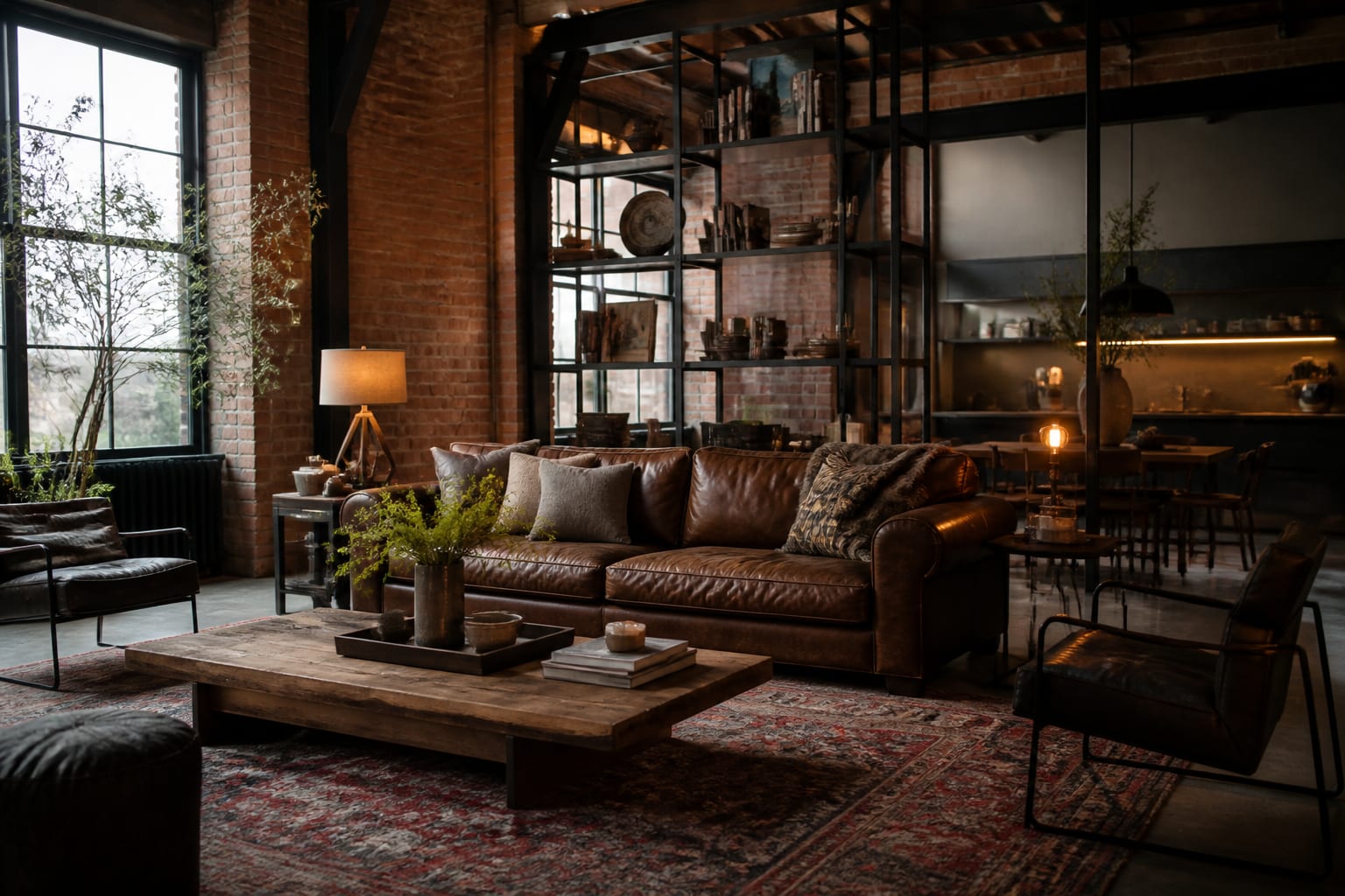 industrial living room with exposed brick, black steel shelving, worn leather sofa, warm lamps, and layered wool rug