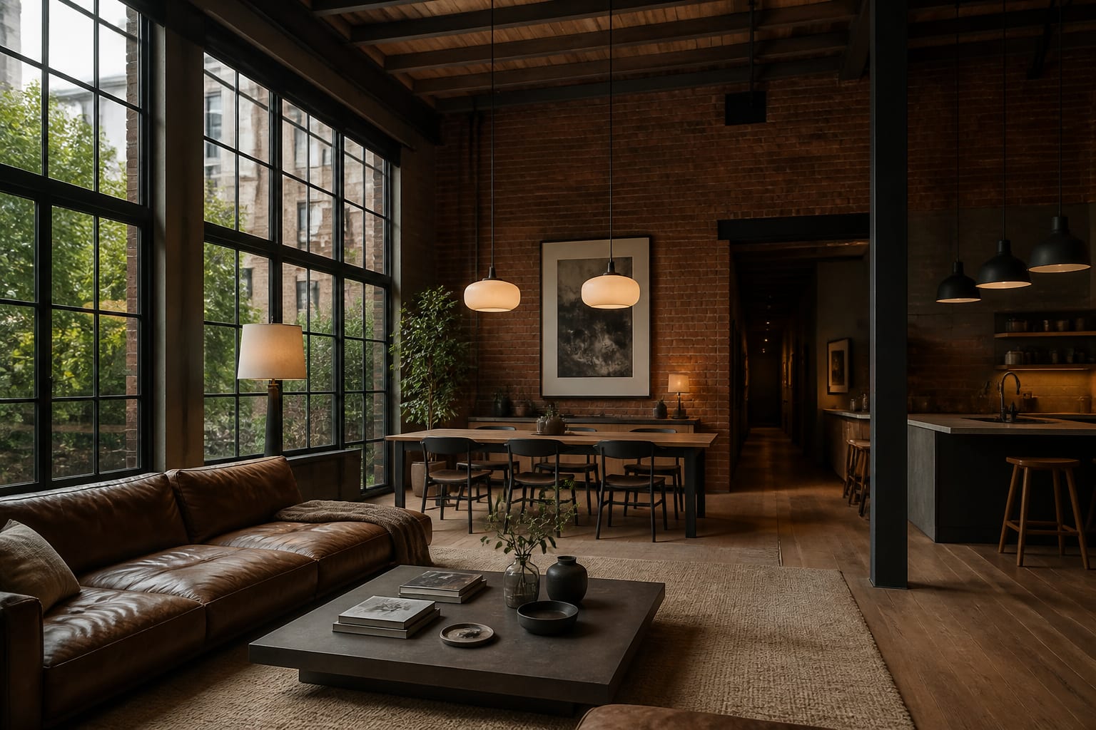 open industrial loft with high ceilings, brick walls, black steel windows, a leather sofa, wool rug, and warm pendant lighting