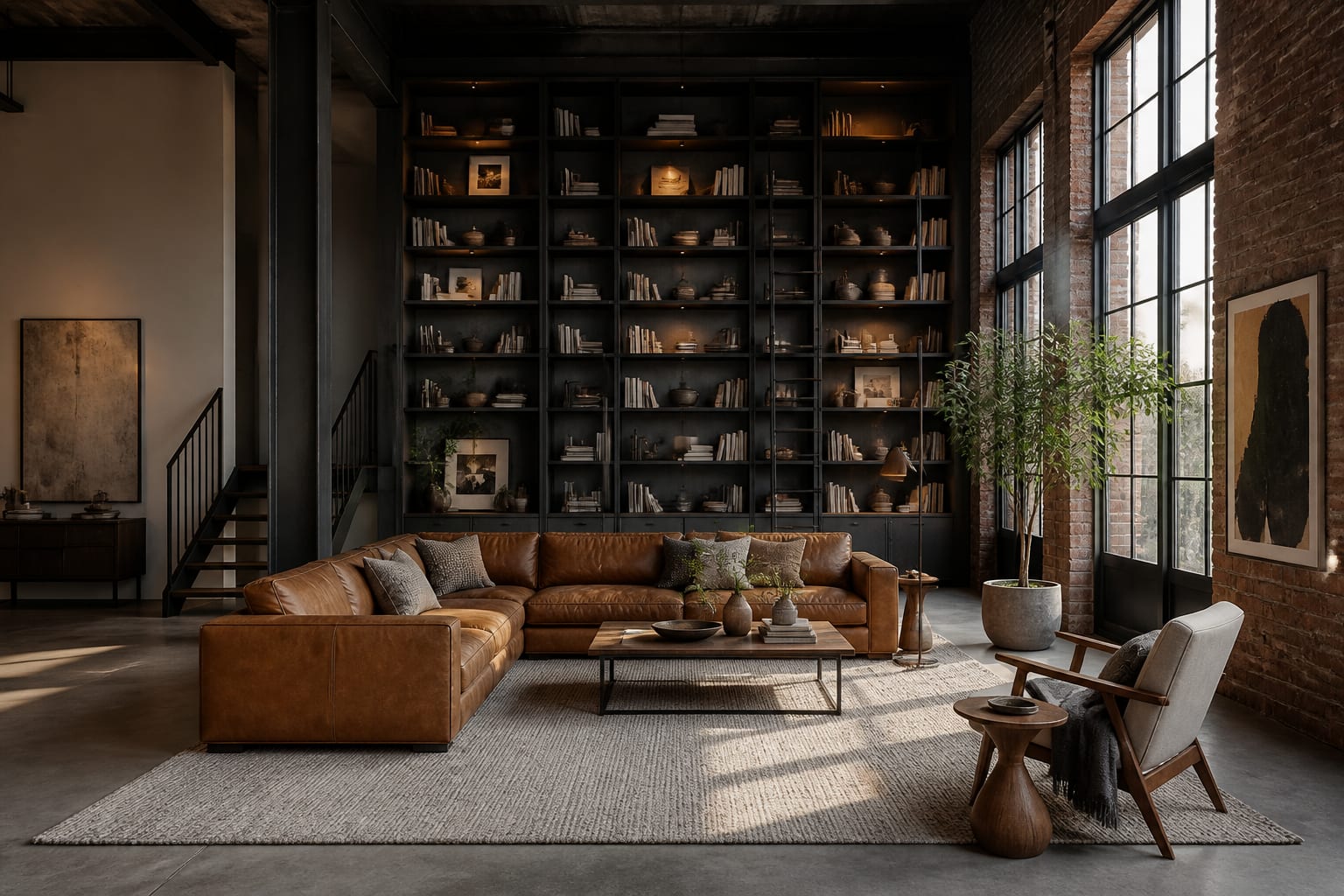 industrial loft seating zone with tall black shelving, cognac leather sofa, oversized art, and a large textured rug