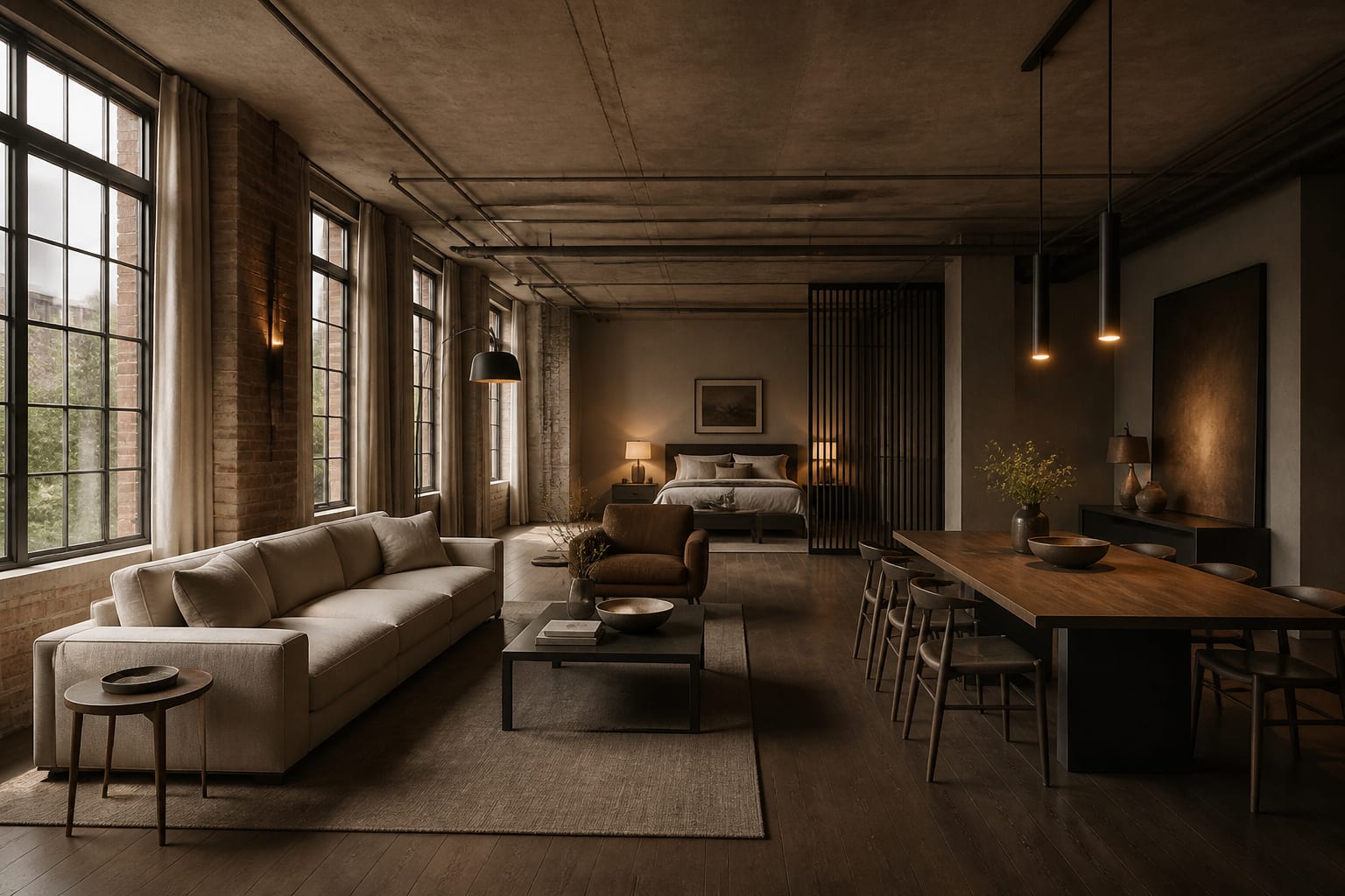 AI preview of an industrial loft layout comparing sofa placement, dining table scale, bedroom screening, and tall lighting