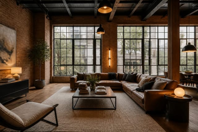 open industrial loft with high ceilings, brick walls, black steel windows, a leather sofa, wool rug, and warm pendant lighting