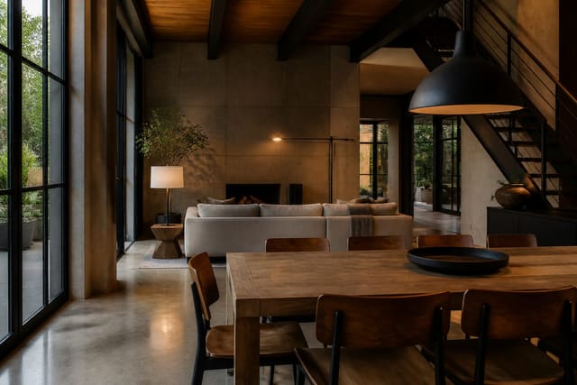 Editorial interior photograph comparing industrial and modern design through metal, wood, clean lines, concrete texture, and restrained decor.