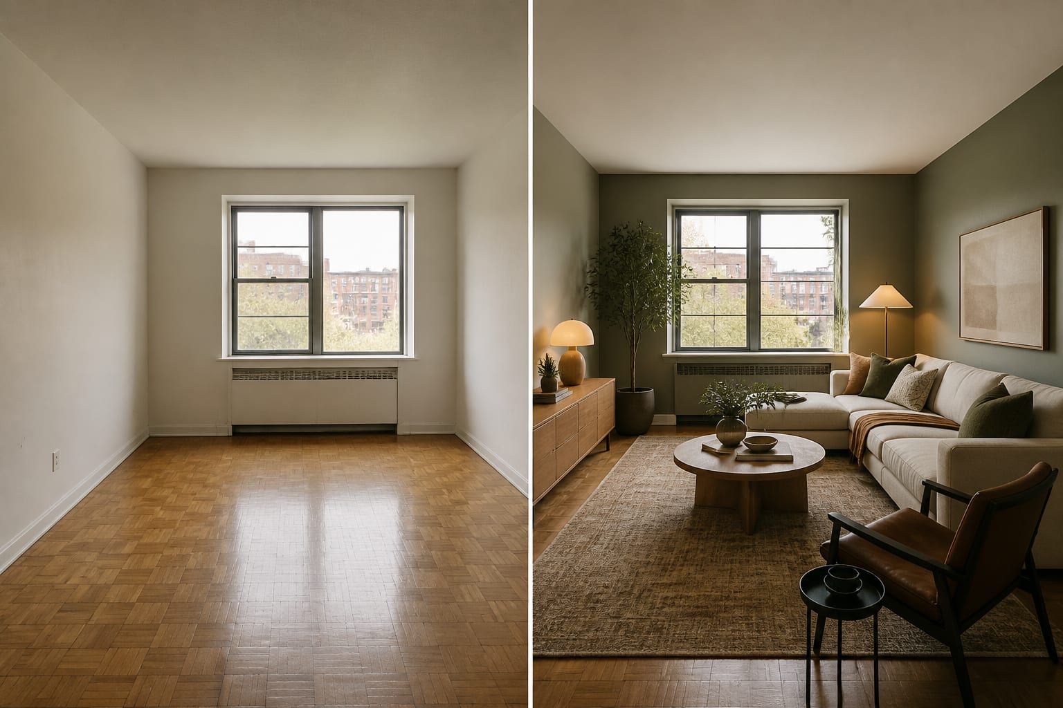 same small living room photographed before and after an AI redesign test, showing changed furniture, lighting, and wall color.