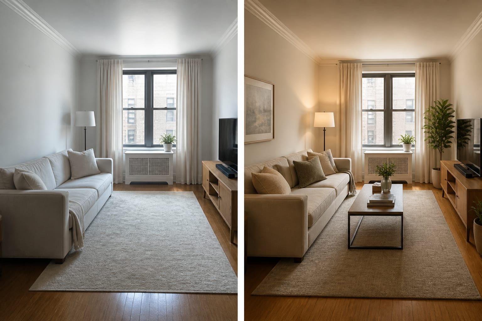 AI before-after comparison of a compact apartment living room with realistic rug size, sofa width, lamps, and curtains.