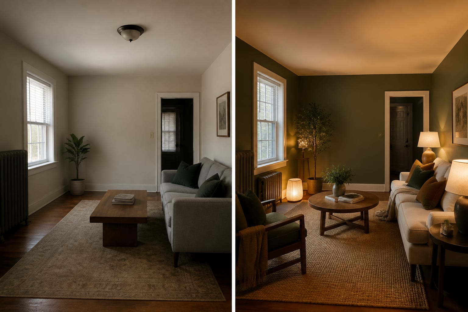 same small living room photographed before and after an AI redesign test, showing changed furniture, lighting, and wall color.