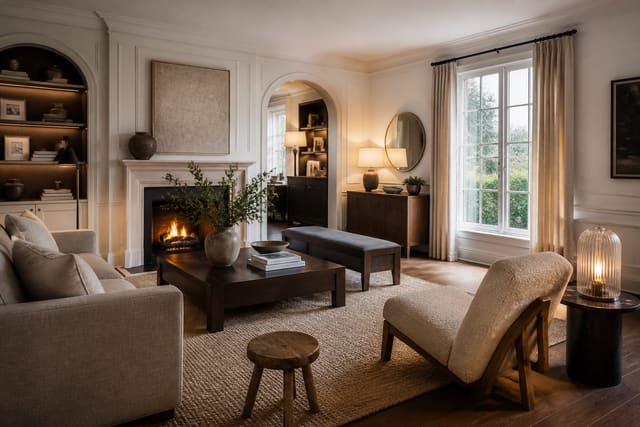 Editorial interior room illustrating interior design principles: the 7 rules every room needs with warm natural light, layered styling, and realistic residential scale