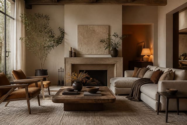 Editorial interior photograph showing 2026 interior design trends with warm color, layered texture, sculptural lighting, and lived-in furniture.