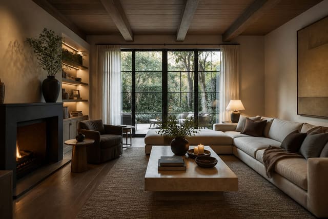 How Much Does an Interior Designer Cost? Fee Models Explained, shown as warm editorial Re-Design interior photography with layered materials and lighting