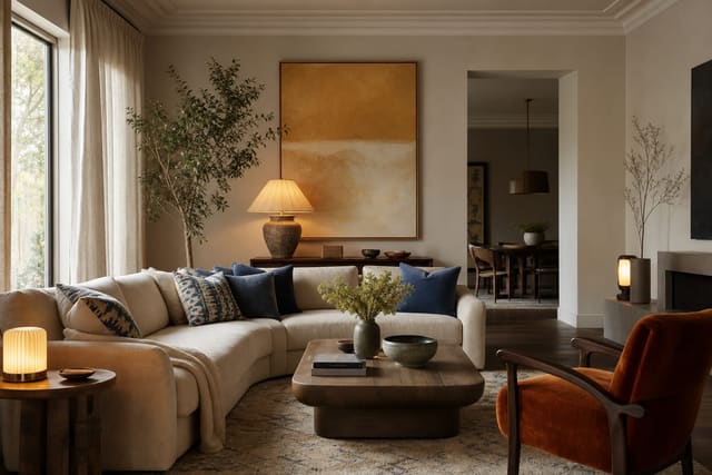 soft neutral living room with blue pillows, ochre art, warm lamps, and one confident accent chair