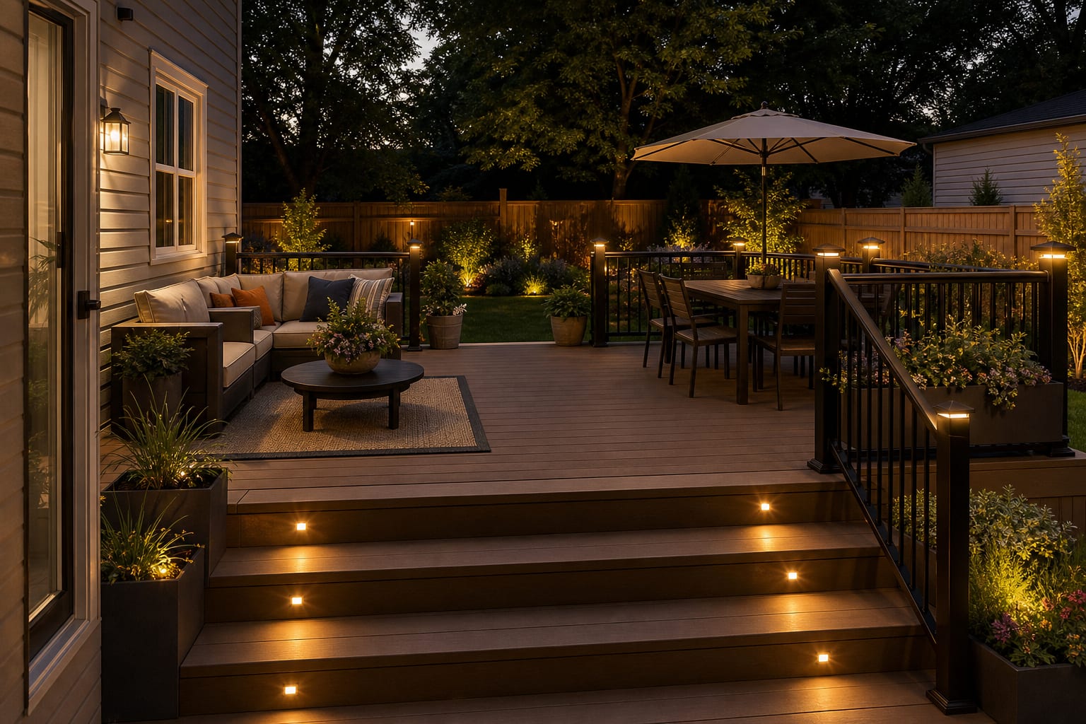 Same backyard deck redesigned with coordinated ipe and composite finish options, clean railing, seating, and warm outdoor lighting.
