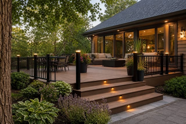 A residential backyard deck shown half ipe hardwood planks and half capped composite planks at the seam with a pool reflection at the bottom edge