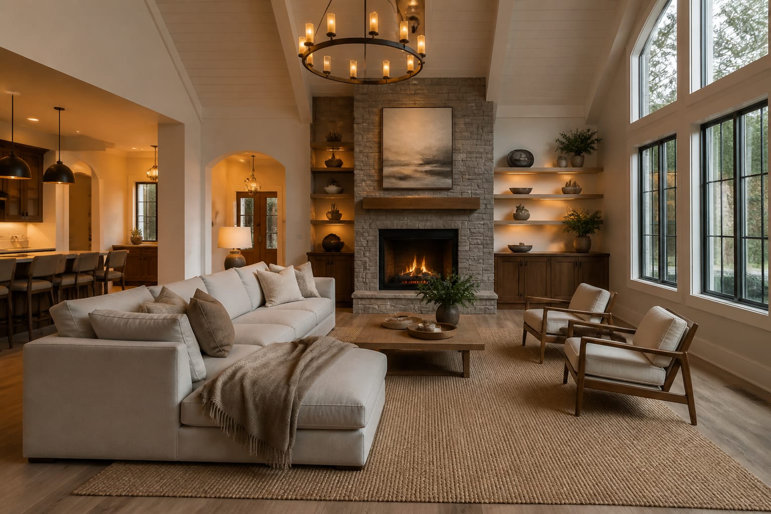 AI preview of a warm modern living room with layered lighting, a larger rug, and existing architecture kept visible