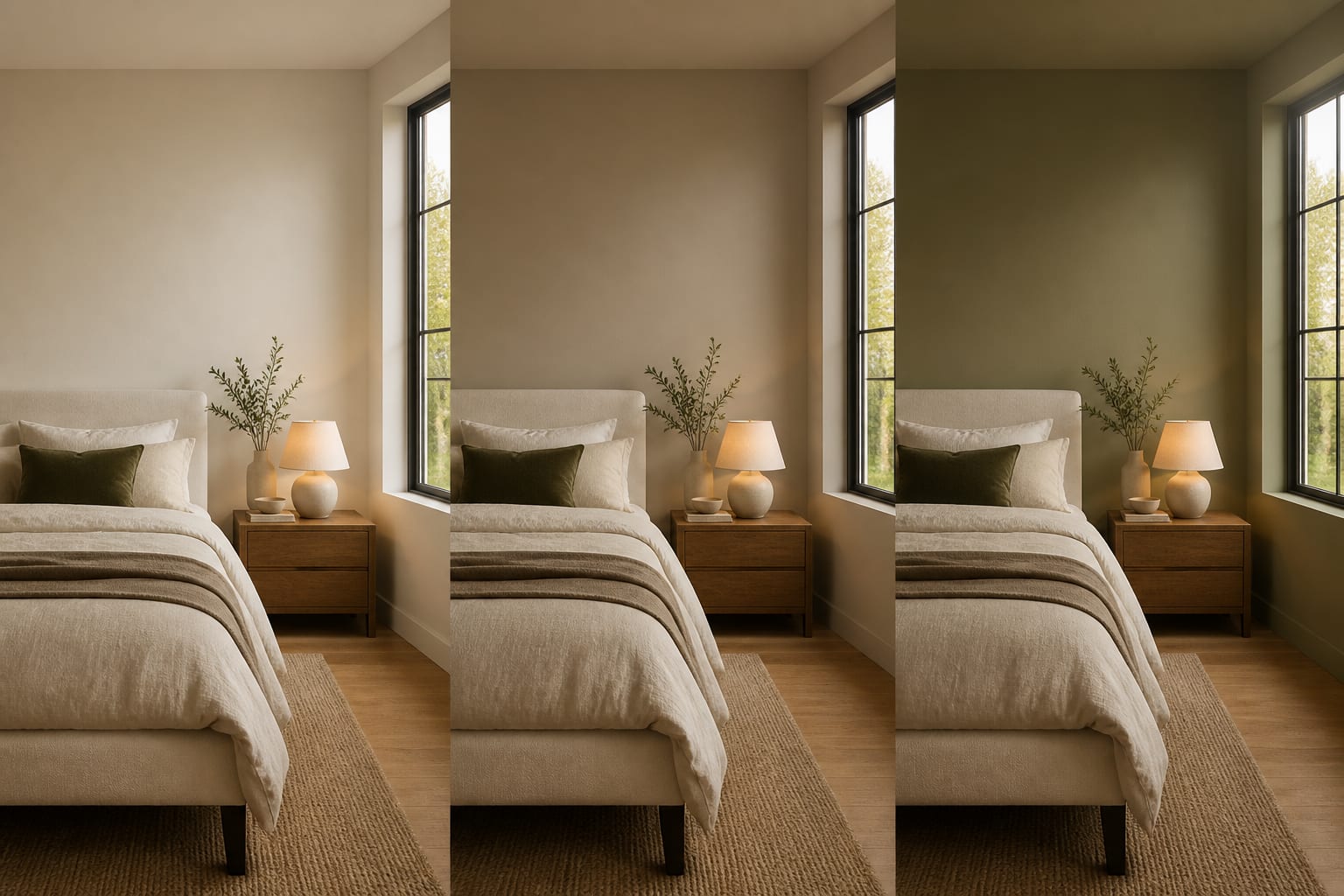 Three AI variations of the same bedroom showing warm white, mushroom, and muted olive wall color directions