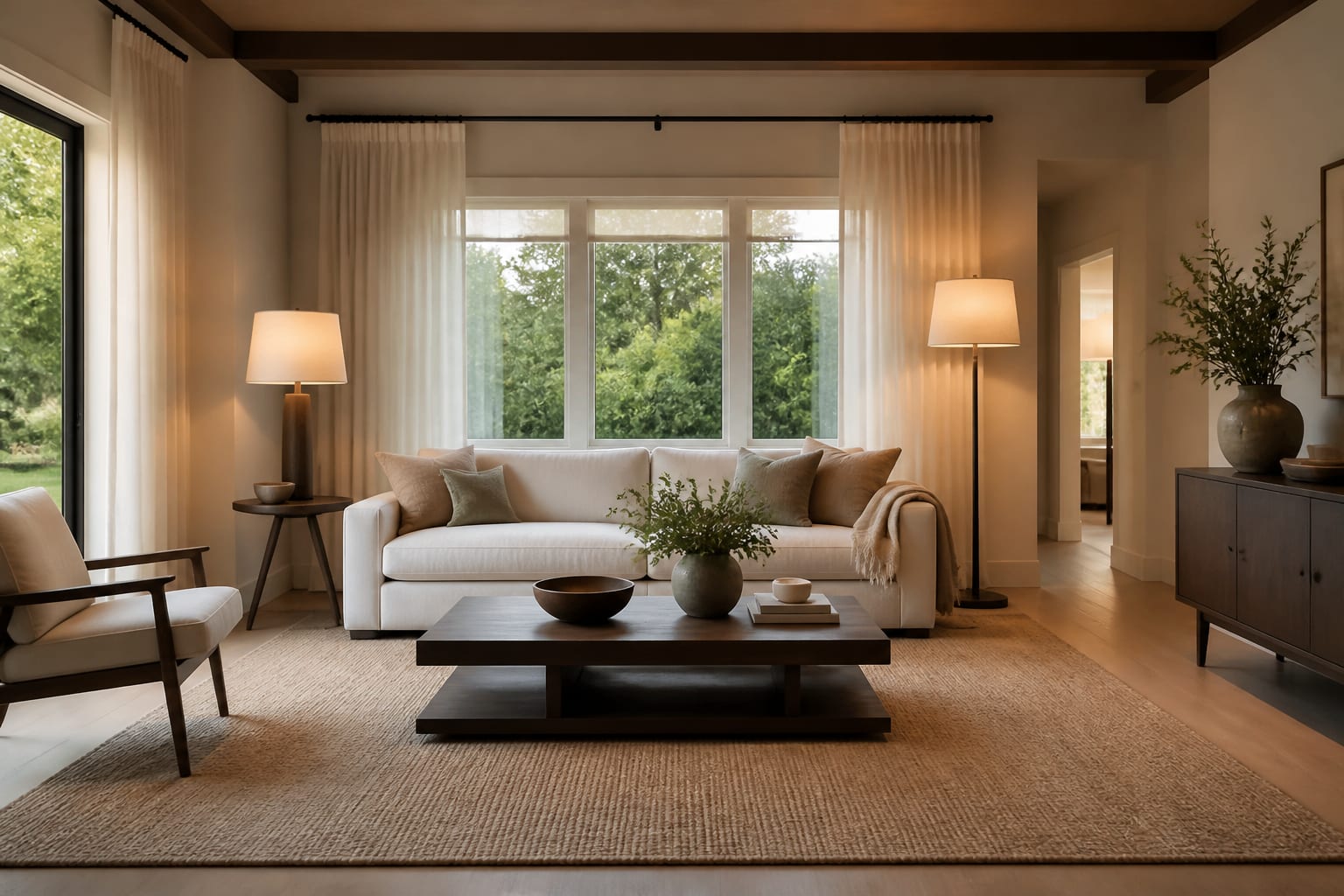 AI design preview of a living room with measurement notes for rug size, lamp placement, curtain height, and walkway clearance