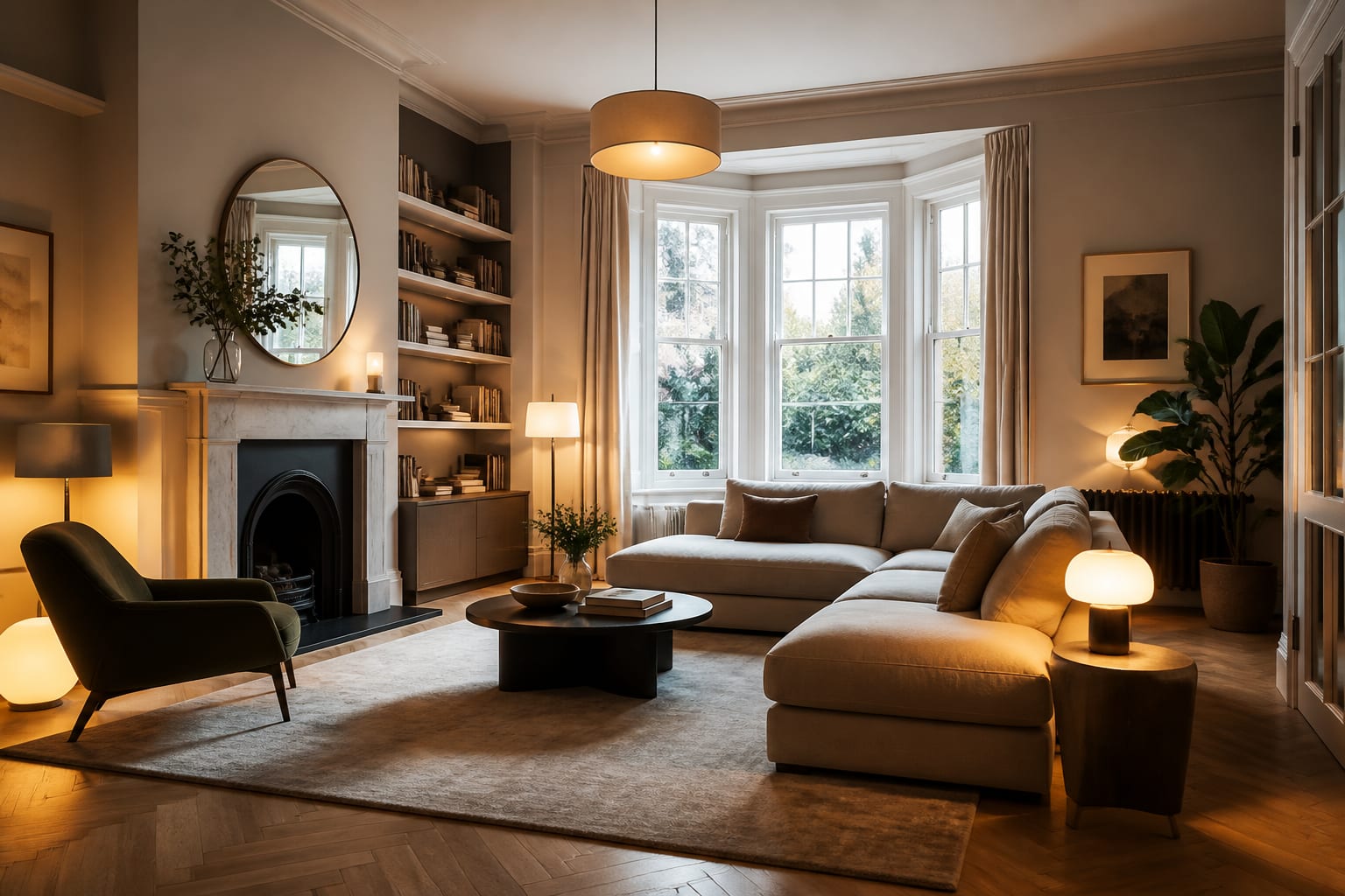 AI preview of a warm modern living room with layered lighting, a larger rug, and existing architecture kept visible