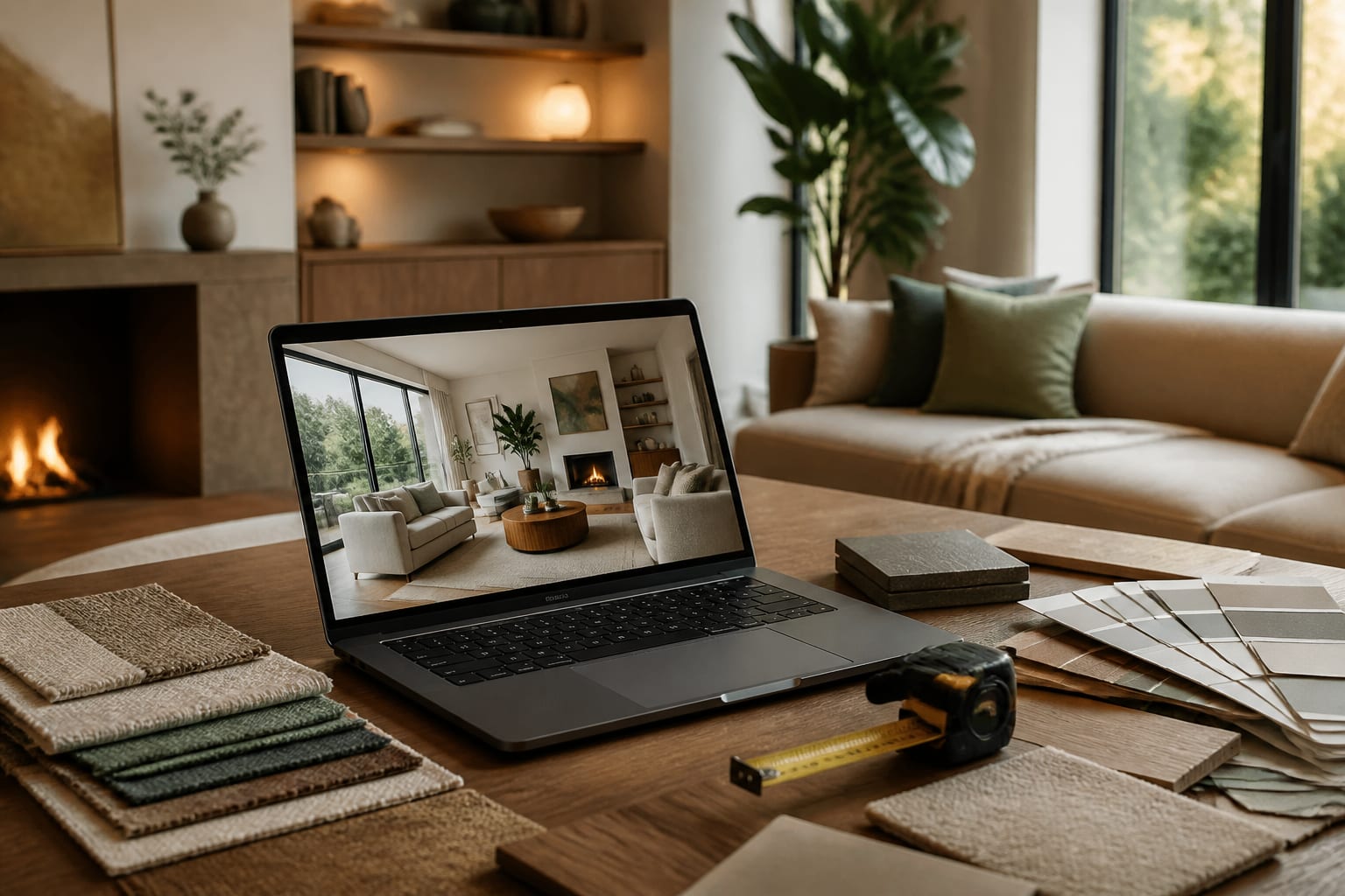 AI room design preview on a laptop beside fabric samples, paint cards, and a tape measure in a warm modern living room