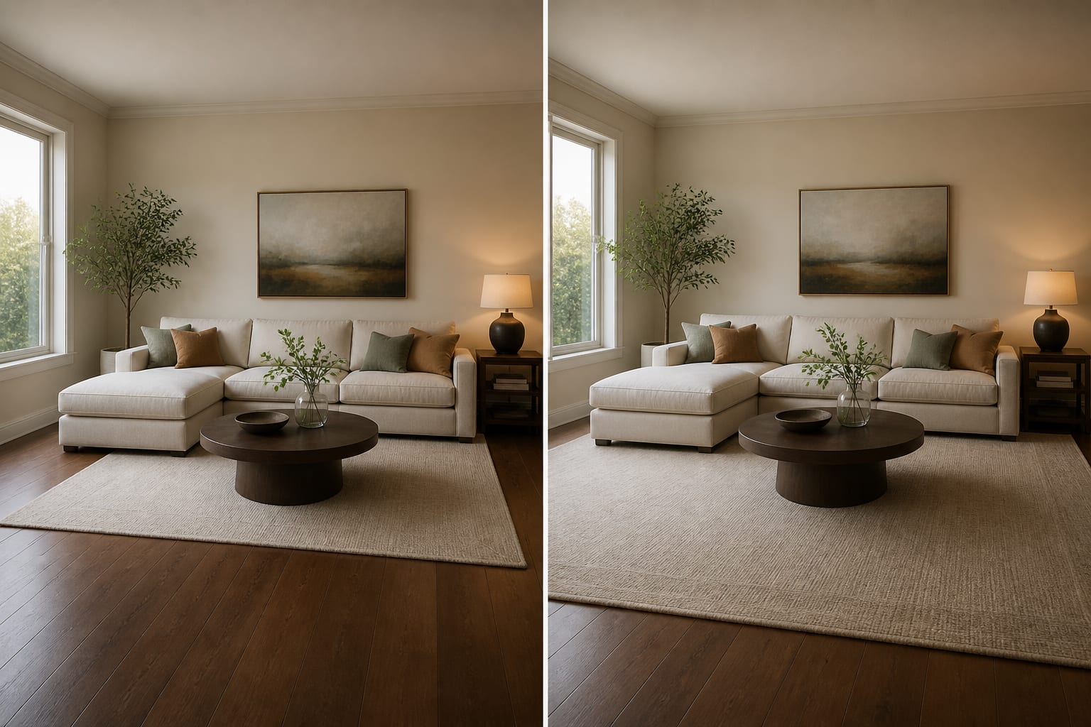 side-by-side AI living room previews showing the same sofa with different rug sizes, warmer lamps, and corrected window placement